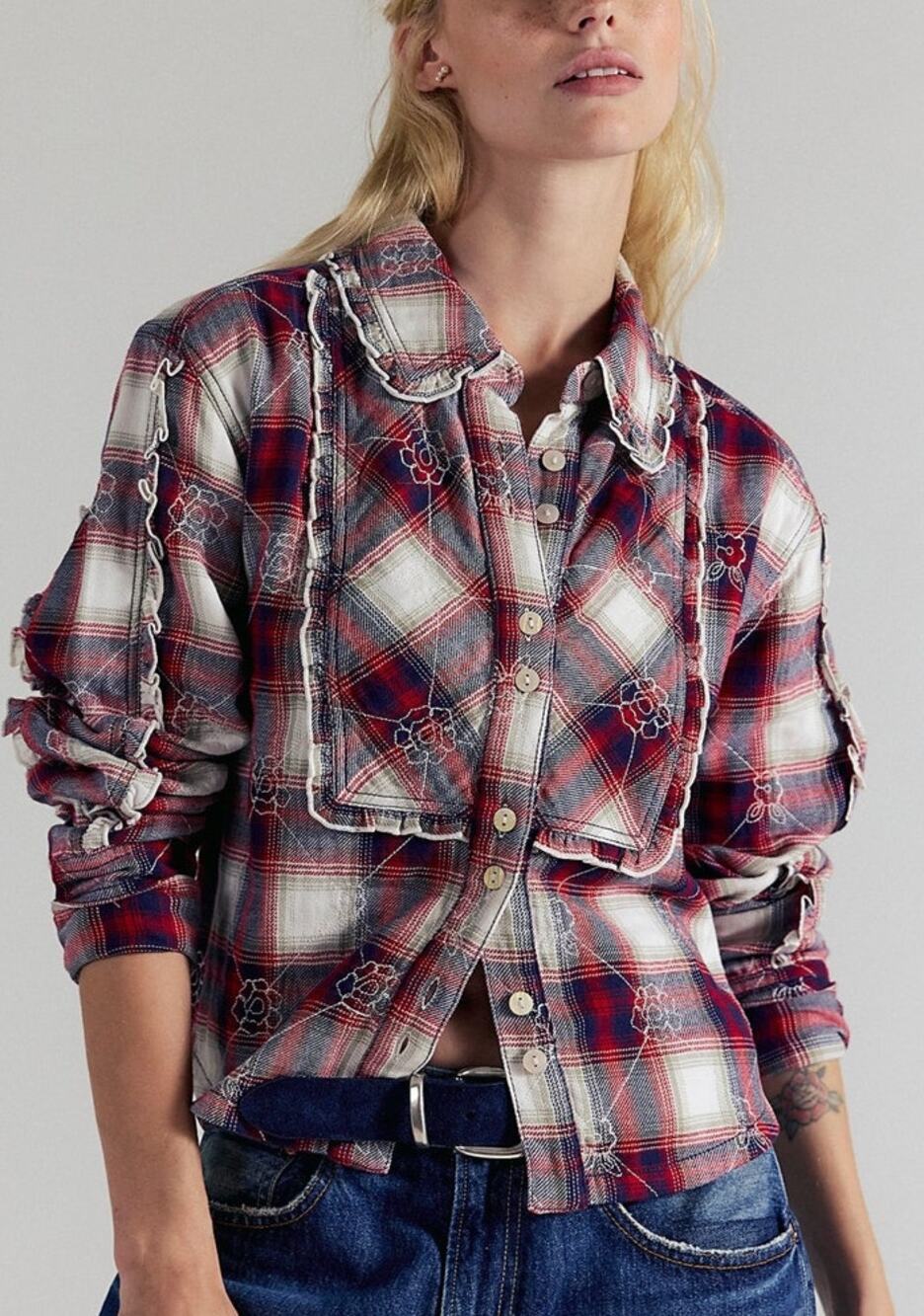 Free People Georgia Plaid Embroidered Button Down Shirt Ruffle Crop Size XS NWT
